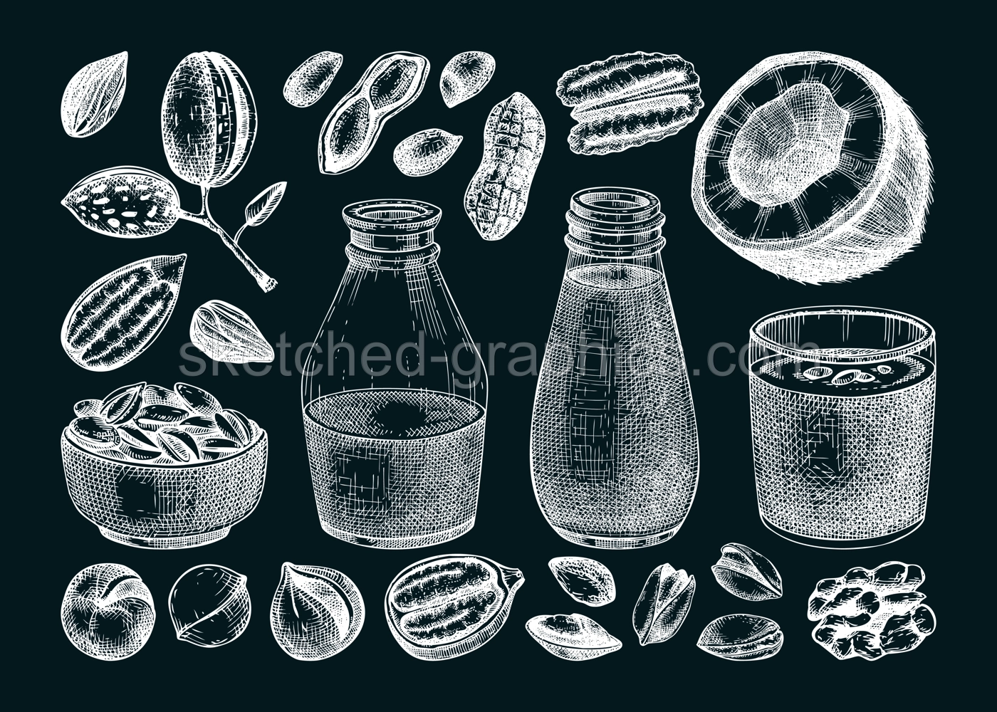 Vegetarian food set. Dairy products design elements. Plant milk in glass, bottle, nuts in bowl, almond, pecan, coconut, pistachio sketches. Healthy drink, nut milk vector illustration on chalkboard Illustration